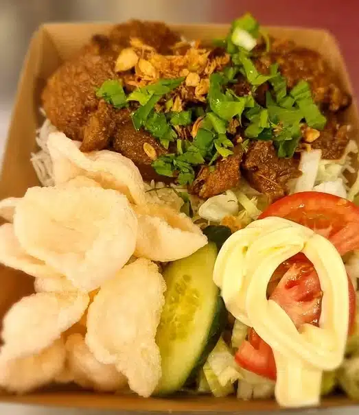 A takeout box filled with crispy fried meat topped with herbs and fried shallots, shrimp crackers, sliced cucumber, lettuce, tomato, and a swirl of mayonnaise.